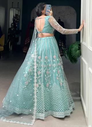 Aqua Blue Net Embroidered, Sequins and Thread Work A - Line Lehenga Choli