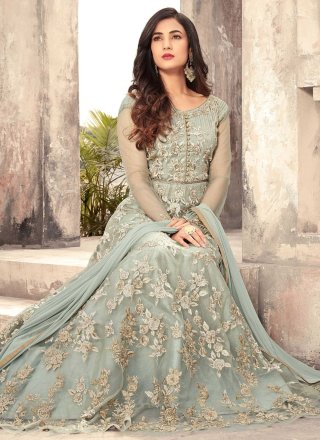 Aqua Blue Net Floral Patch, Thread and Zari Work Floor Length Salwar Suit