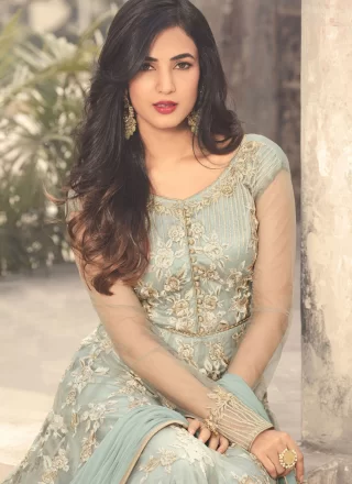 Aqua Blue Net Floral Patch, Thread and Zari Work Floor Length Salwar Suit