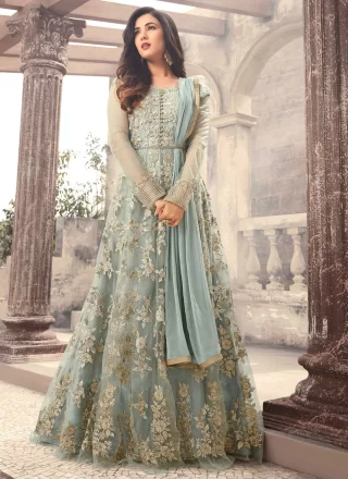 Aqua Blue Net Floral Patch, Thread and Zari Work Floor Length Salwar Suit