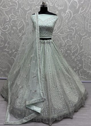Aqua Blue Net Lehenga Choli with Dimond, Multi, Sequins, Thread and Zircon Work for Women