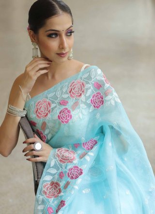 Aqua Blue Organza Classic Sari with Embroidered, Multi and Thread Work