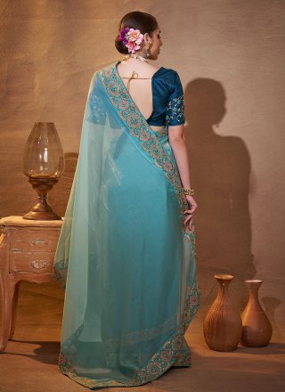Aqua Blue Organza Embroidered Work Contemporary Saree for Ceremonial