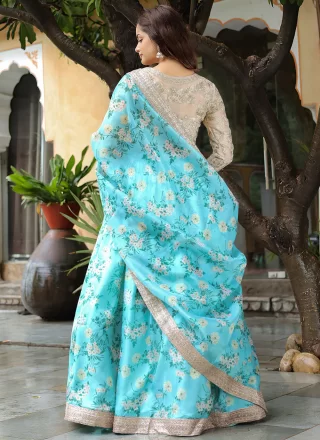 Aqua Blue Organza Floral Patch and Lace Work A - Line Lehenga Choli