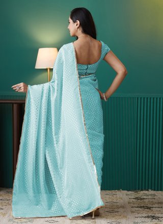 Aqua Blue Organza Trendy Saree with Foil Print Work for Casual