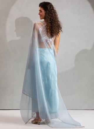Aqua Blue Organza Trendy Saree with Zircon Work