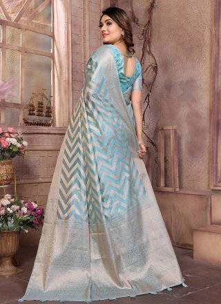 Aqua Blue Organza Woven Work Trendy Saree for Casual