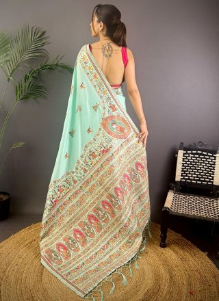 Aqua Blue Pashmina Contemporary Sari with Weaving Work for Mehndi