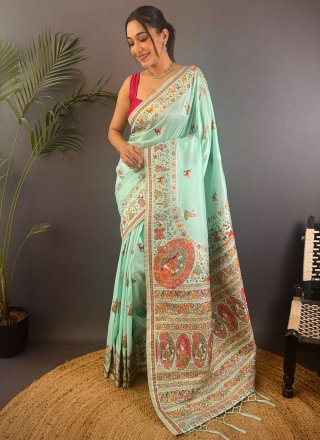 Aqua Blue Pashmina Contemporary Sari with Weaving Work for Mehndi