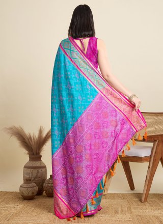 Aqua Blue Patola Silk Contemporary Sari with Meenakari Work