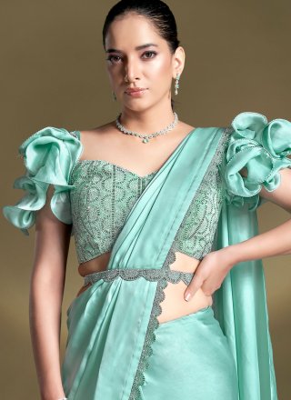 Aqua Blue Pure Crepe Patch Border and Lace Work Traditional Saree for Women