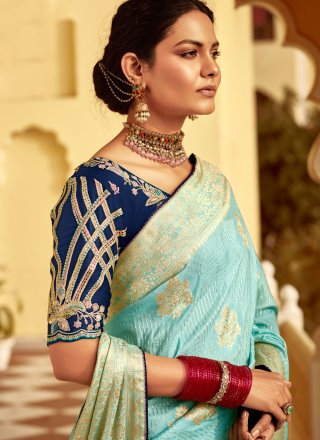 Aqua Blue Pure Dola Classic Sari with Weaving and Zari Work