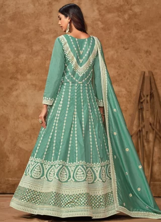 Aqua Blue Pure Dola Embroidered and Zari Work  Designer Gown