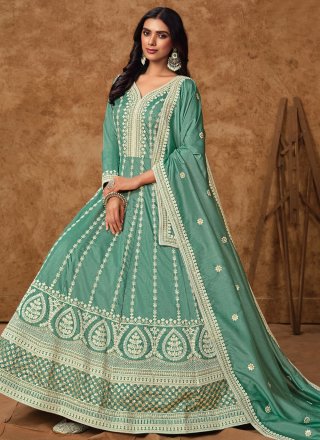 Aqua Blue Pure Dola Embroidered and Zari Work  Designer Gown