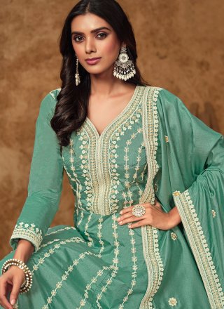Aqua Blue Pure Dola Embroidered and Zari Work  Designer Gown