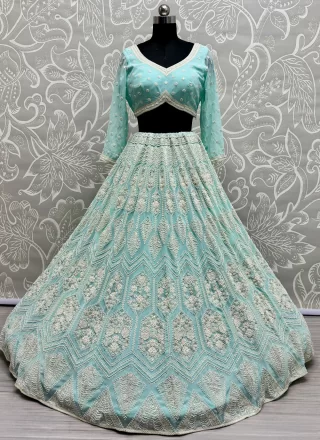 Aqua Blue Pure Georgette Readymade Lehenga Choli with Embroidered, Fancy, Floral Patch, Hand, Moti and Sequins Work for Ceremonial