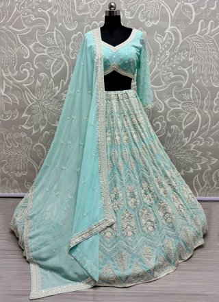 Aqua Blue Pure Georgette Readymade Lehenga Choli with Embroidered, Fancy, Floral Patch, Hand, Moti and Sequins Work for Ceremonial