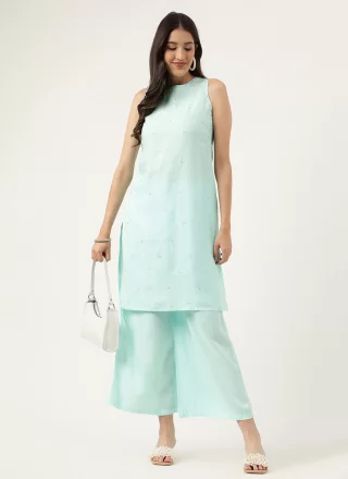 Aqua Blue Rayon Casual Kurti with Embroidered Work