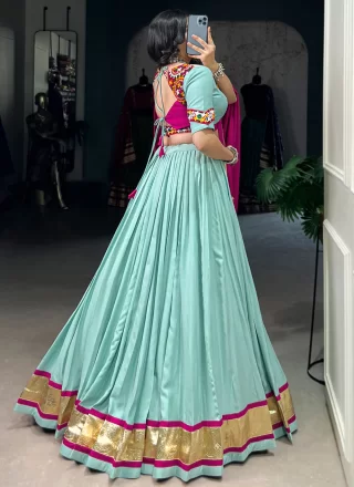 Aqua Blue Rayon Lace Work Readymade Lehenga Choli