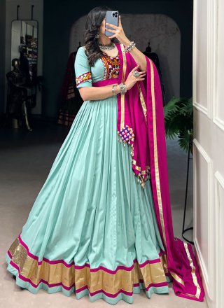 Aqua Blue Rayon Lace Work Readymade Lehenga Choli