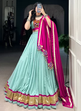 Aqua Blue Rayon Lace Work Readymade Lehenga Choli