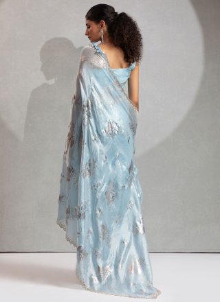 Aqua Blue Satin Silk Traditional Saree with Cut, Foil Print and Zircon Work