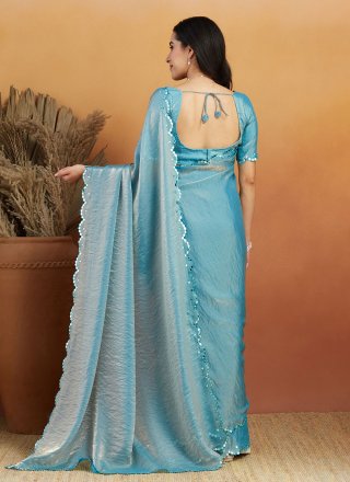 Aqua Blue Satin Trendy Saree with Embroidered Work
