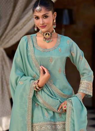 Aqua Blue Shimmer Mirror, Thread and Zari Work Readymade Style