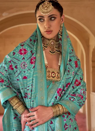 Aqua Blue Silk Classic Saree with Patola Print Work