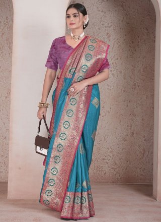 Aqua Blue Silk Classic Sari with Weaving Work for Casual
