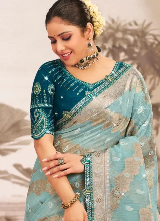 Aqua Blue Silk Embroidered and Lace Work Contemporary Sari