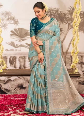 Aqua Blue Silk Embroidered and Lace Work Contemporary Sari