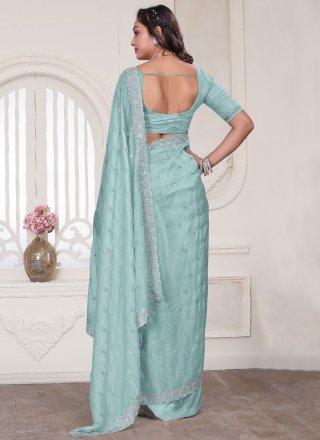 Aqua Blue Silk Embroidered, Resham, Sequins and Zircon Work Designer Sari for Ceremonial
