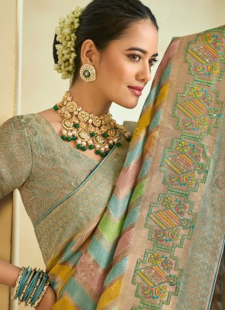 Aqua Blue Silk Embroidered, Weaving and Zari Work Classic Saree for Ceremonial