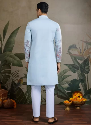 Aqua Blue Silk Kurta Mens Wear with Embroidered Work
