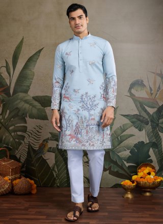 Aqua Blue Silk Kurta Mens Wear with Embroidered Work