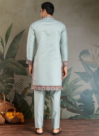Aqua Blue Silk Kurta Pyjama with Embroidered Work for Men
