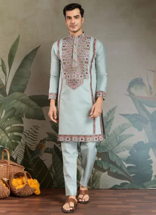 Aqua Blue Silk Kurta Pyjama with Embroidered Work for Men