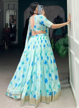 Aqua Blue Silk Lehenga Choli with Floral Patch and Lace Work for Women