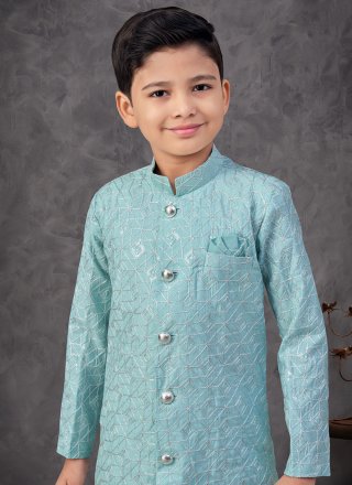 Aqua Blue Silk Machine Embroidery and Thread Work Indo Western for Festival