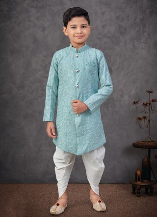 Aqua Blue Silk Machine Embroidery and Thread Work Indo Western for Festival