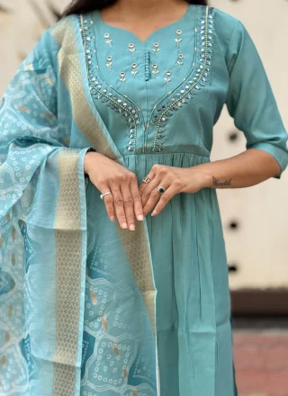 Aqua Blue Silk Mirror, Stone and Thread Work Salwar Suit
