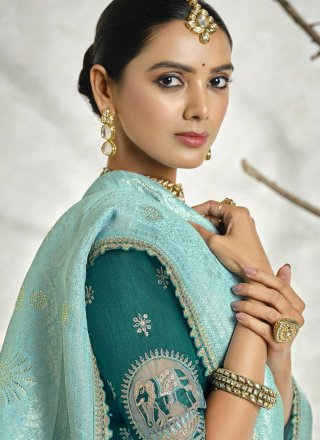 Aqua Blue Silk Patch Border, Stone, Weaving and Zari Work Classic Saree