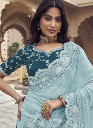 Aqua Blue Silk Traditional Saree with Beads, Cord, Cut, Embroidered and Thread Work