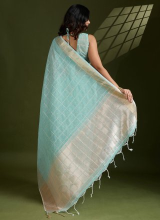 Aqua Blue Silk Trendy Saree with Woven and Zari Work