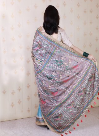 Aqua Blue Tussar Silk Digital Print and Woven Work Contemporary Saree for Casual
