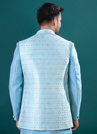Aqua Blue Tussar Silk Indo Western with Jacquard Work