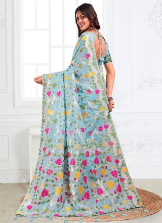 Aqua Blue Woven Work Cotton Classic Saree