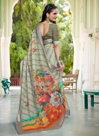 Aristocratic Green Cotton Classic Sari with Patch Border, Digital Print and Woven Work