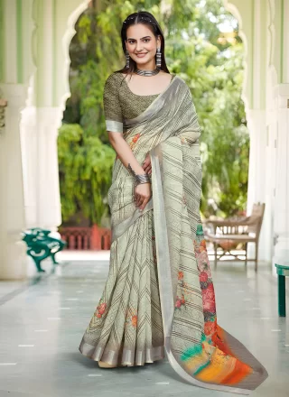Aristocratic Green Cotton Classic Sari with Patch Border, Digital Print and Woven Work